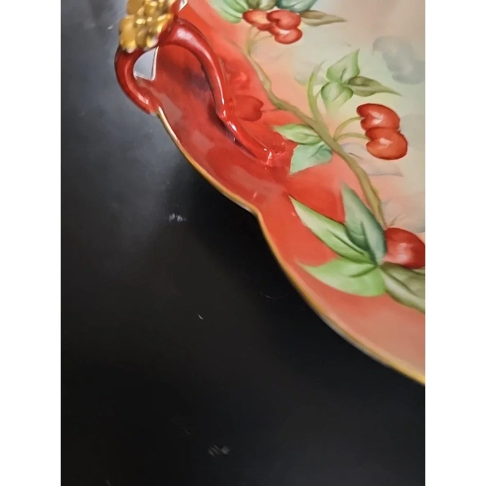 Limoges Cherries Split Handled Victorian Vanity Tray W.G. & Co Antique Gold Trim